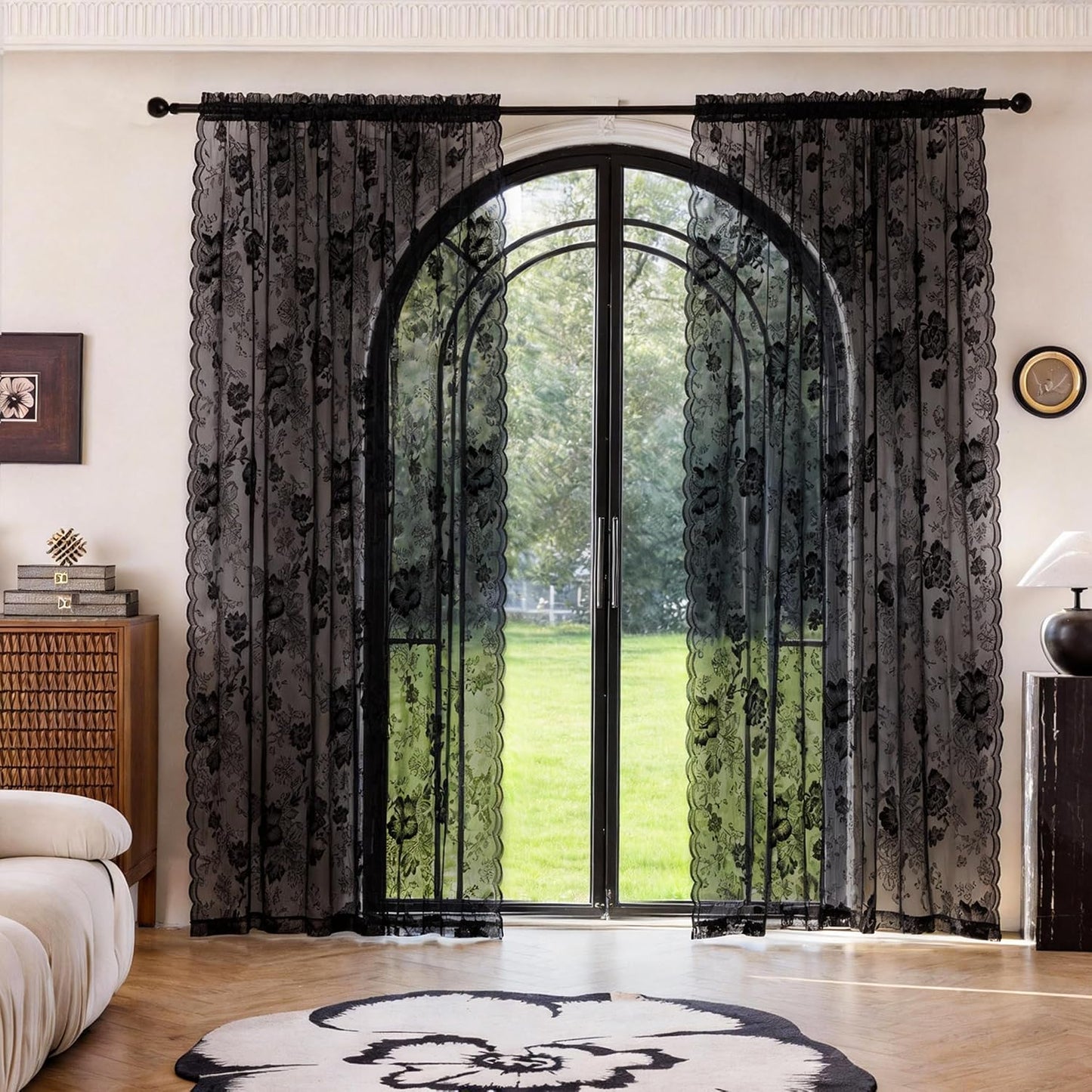 Black Lace Curtains 84 Inch Long Vintage Floral Sheer Drapes | for Living Room & Bedroom - Gothic Style Decor Light Filtering Scalloped Edges Curtains with Rod Pocket - 2 Panels, 55 x 84