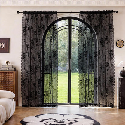 Black Lace Curtains 84 Inch Long Vintage Floral Sheer Drapes | for Living Room & Bedroom - Gothic Style Decor Light Filtering Scalloped Edges Curtains with Rod Pocket - 2 Panels, 55 x 84