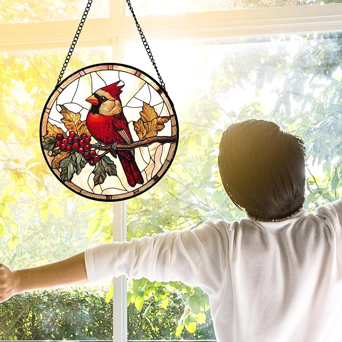 DASTOLL Stained Glass Window Hanging, Birds on a Branch Cardinal Sun Catchers - Image 4