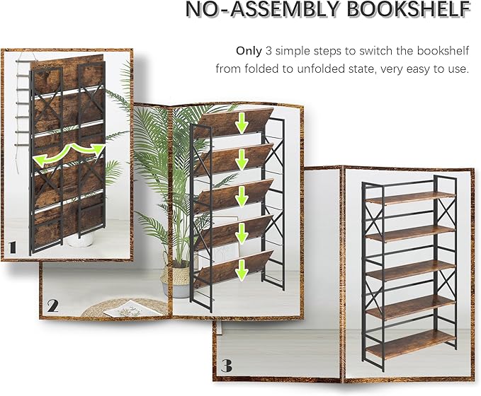 4NM Extra Wide 5 Tiers No Assembly Book Shelves, 51.2" H Folding Bookshelf - Image 6