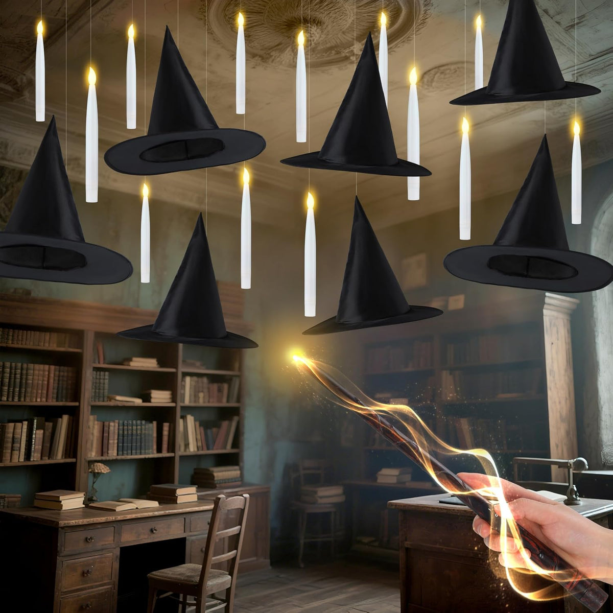 JOYIN 20Pcs Halloween Floating Candles and Witch Hat Light Up with Wand Remot...