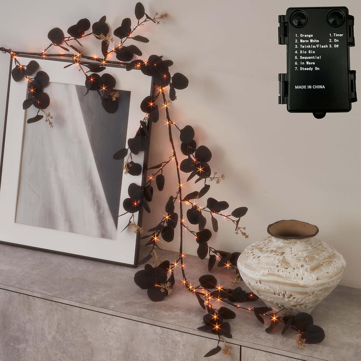 Hairui Lighted Black Eucalyptus Garland with Timer 96 LED Orange and Warm Whi...