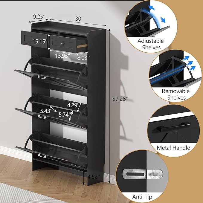 Shoe Cabinet with 3 Flip Drawers & 2 Storage Drawers, Rustic Farmhouse Narrow - Image 6