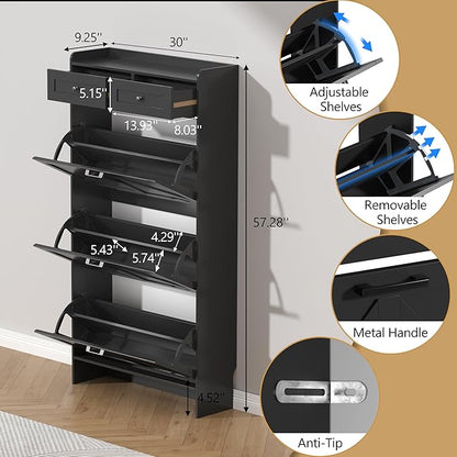 Shoe Cabinet with 3 Flip Drawers & 2 Storage Drawers, Rustic Farmhouse Narrow - Image 6