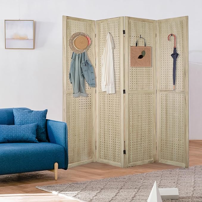 ECOMEX 4 Panel Room Divider, 5.6Ft Pegboard Display Wooden Room Divider Folding - Image 9