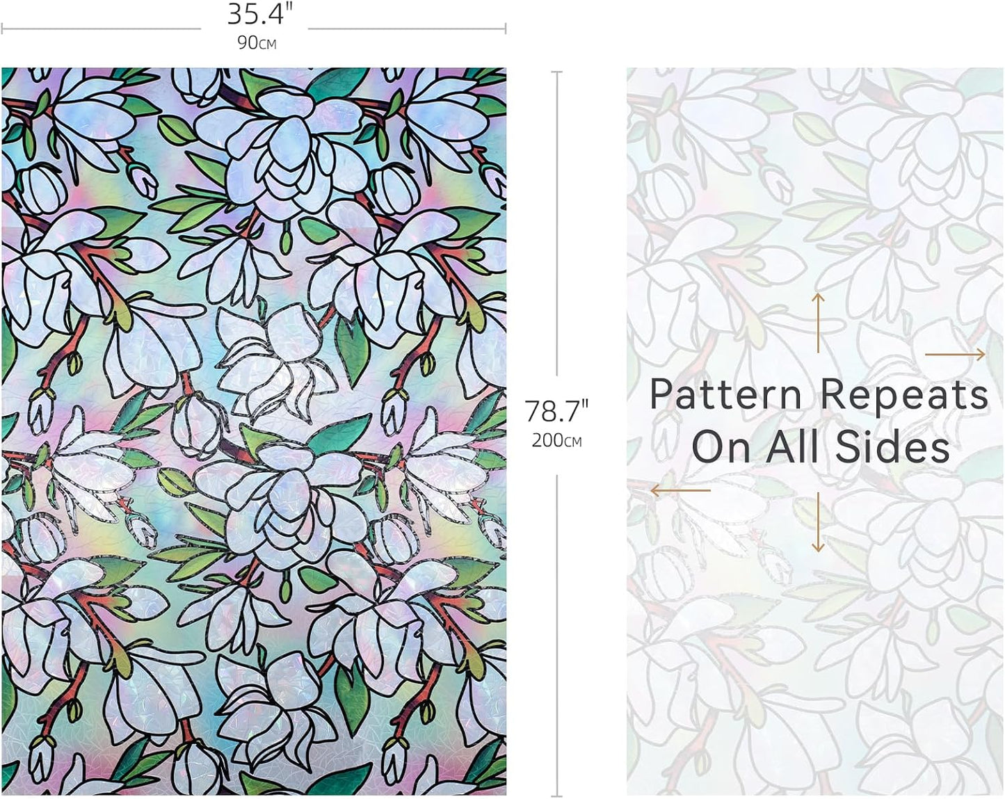 DKTIE Magnolia Pattern Stained Glass Window Film Floral Decorative | Window Privacy Film with Rainbow Effect Front Door Bathroom Room Decor (S678, 35.4in X 78.7in)