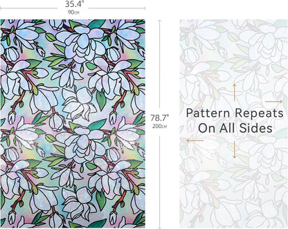 DKTIE Magnolia Pattern Stained Glass Window Film Floral Decorative | Window Privacy Film with Rainbow Effect Front Door Bathroom Room Decor (S678, 35.4in X 78.7in)