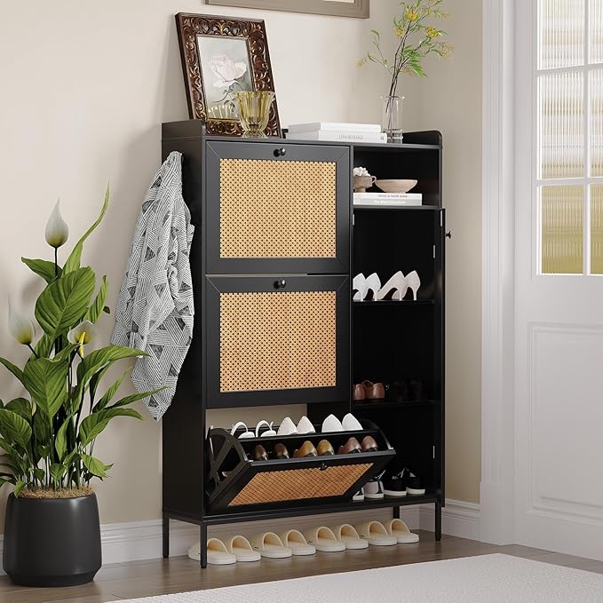 Rattan Wooden Shoe Cabinet, Freestanding 3-Flip Drawer Shoe Storage Organizer by Unknown