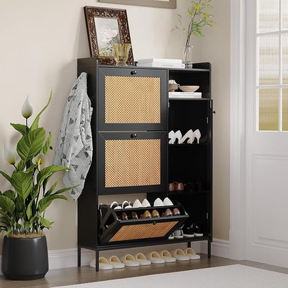 Rattan Wooden Shoe Cabinet, Freestanding 3-Flip Drawer Shoe Storage Organizer by Unknown
