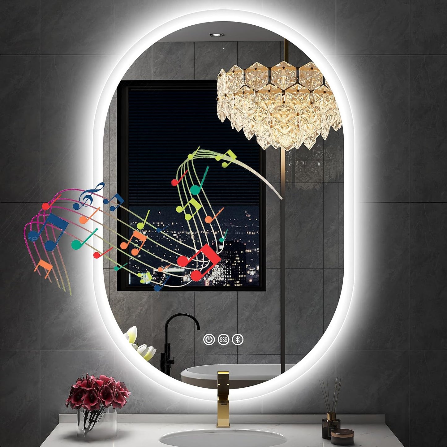 S'bagno 24x40 Oval LED Bathroom Mirror with Lights, Anti-Fog, Bluetooth Speaker, 3 Colors Temperature & Dimmable, Lighted Mirrors for Bathroom Wall with Memory Function, Waterproof, Shatter-Proof