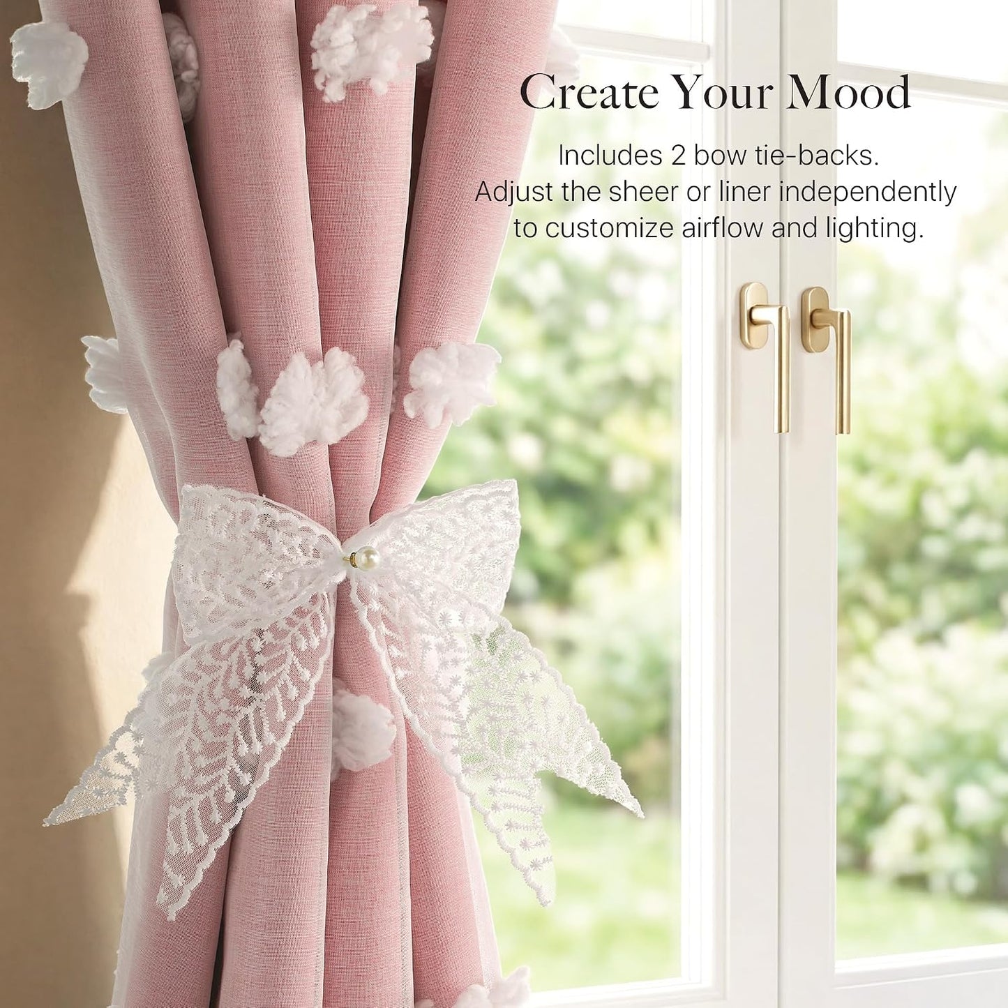 RYB HOME Room Darkening Pink Pom Pom Curtains for Nursery, Double Layer | Sheer Overlay, Cute Princess Style Decor, For Baby Girls Toddler Room, With 2 Bow Tie Backs,W52 x L63,2 Panels