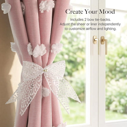 RYB HOME Room Darkening Pink Pom Pom Curtains for Nursery, Double Layer | Sheer Overlay, Cute Princess Style Decor, For Baby Girls Toddler Room, With 2 Bow Tie Backs,W52 x L63,2 Panels