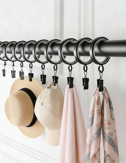 18 Pack Curtain Rings with Clips,1-5/8 Inch Black Curtain Rings | Quiet Nylon Inserts,Glide Smoothly,Fits 1" to 1-4" Curtain Rods,Curtain Clips for Bedroom