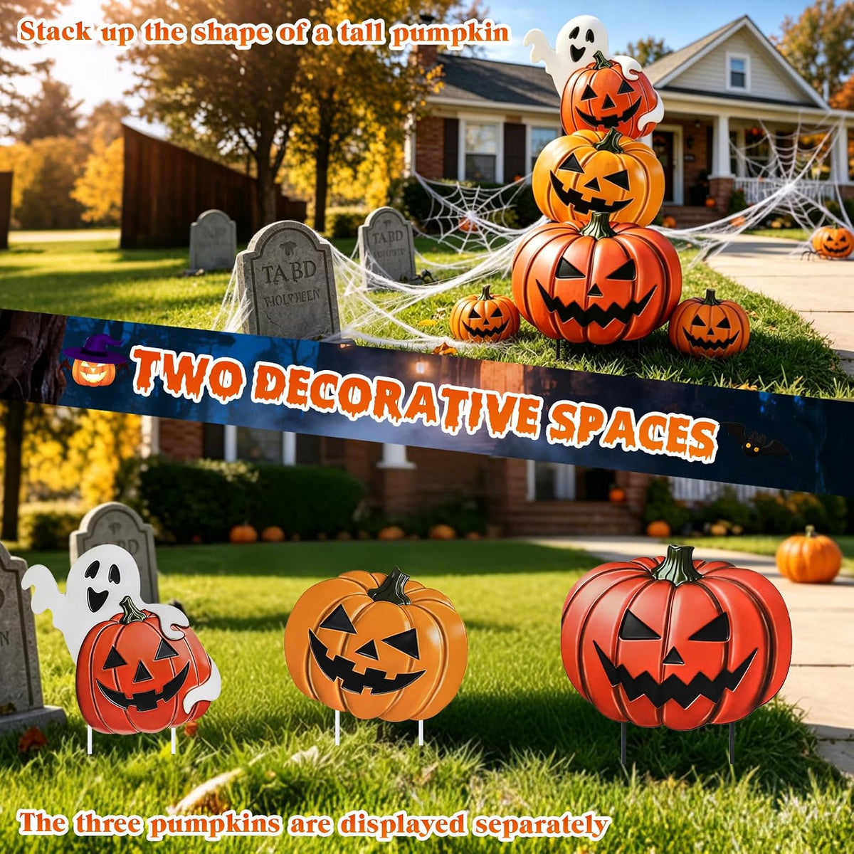 VCUTEKA Halloween Outdoor Decor Pumpkin Stake Yard Sign Garden Stake 3 PCS