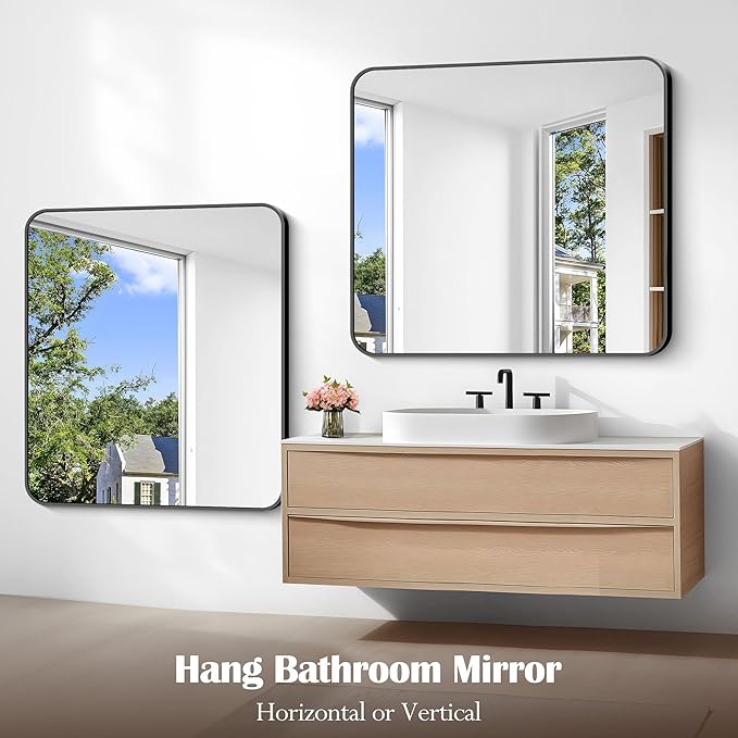 Bathroom Mirror, 40 x 36 inch Black Rectangle Wall Mirror, Metal Frame - Image 8