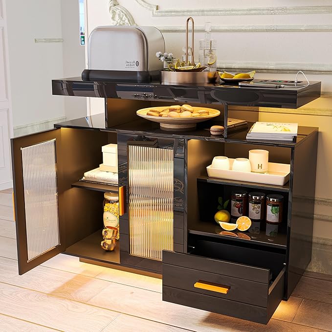 40" Wood LED Coffee Bar with Wireless Charging Station, Kitchen Storage Coffee - Image 8