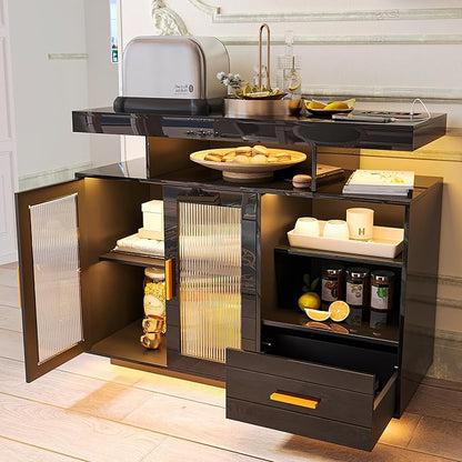 40" Wood LED Coffee Bar with Wireless Charging Station, Kitchen Storage Coffee - Image 8