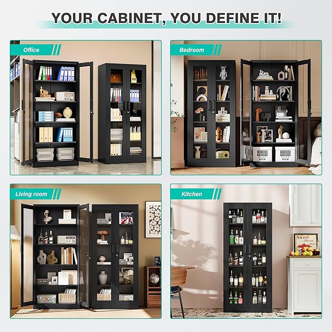 Metal Storage Cabinet with Lock and Glass Doors, Glass Display Cabinet - Image 4