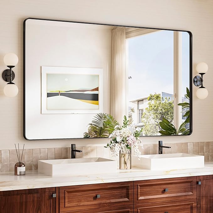 TokeShimi Black Vanity Mirror 60x36, Bathroom Mirror Framed Seamless, Tempered by RefinedBathroomAccessories
