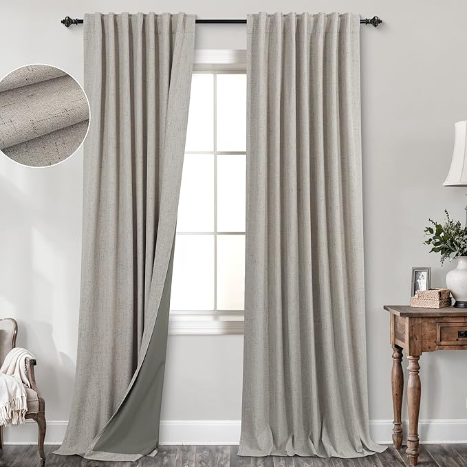 KOUFALL 52x105 Inch Length Taupe Back Tab Linen Blackout Curtains by KOUFALL