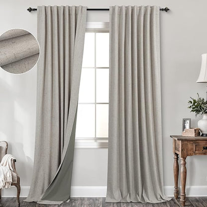 KOUFALL 52x105 Inch Length Taupe Back Tab Linen Blackout Curtains by KOUFALL