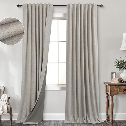 KOUFALL 52x105 Inch Length Taupe Back Tab Linen Blackout Curtains by KOUFALL