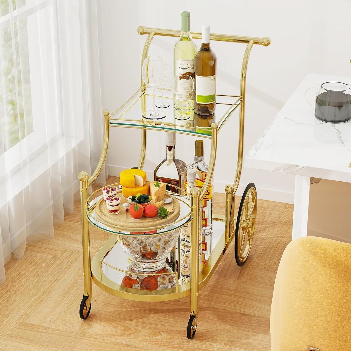 Tangkula Bar Cart, 3-Tier Rolling Home Bar Serving Cart with Mirrored Shelves...