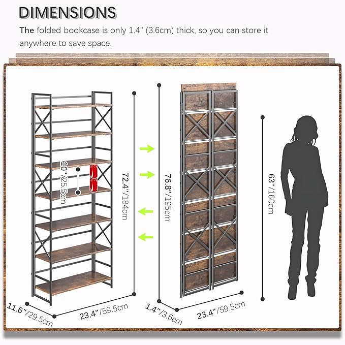 4NM 7 Tiers No Assembly Book Shelves, 72.4" H Folding Bookshelf Bookcase Open - Image 2