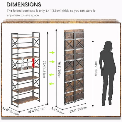 4NM 7 Tiers No Assembly Book Shelves, 72.4" H Folding Bookshelf Bookcase Open - Image 2