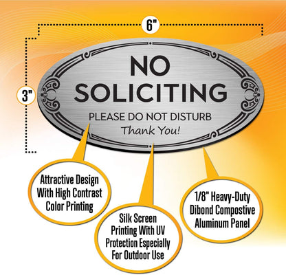SignSeries No Soliciting Sign for Home and Office - 3" x 6" - Mounting Hardware Included, Easy Installation on Wall, Glass, or Doorbell - Heavy-Duty and Weather-Resistant (Brushed Silver)
