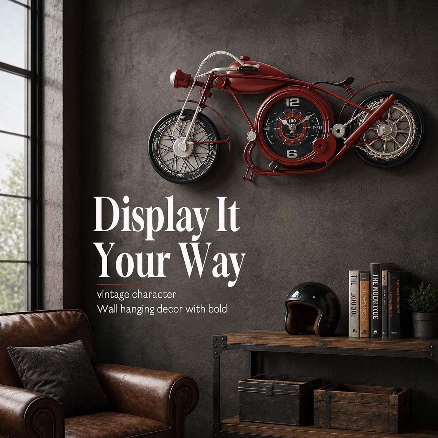 YOUKI Metal Motorcycle Wall Clock,Desk Shelf Clocks Digital Clock for Bedroom,Retro Vintage Non-Ticking Table Clock Battery Operated Silent,Easy to Read,Wall Art16.9 * 1.5 * 7.5 Inches,Red