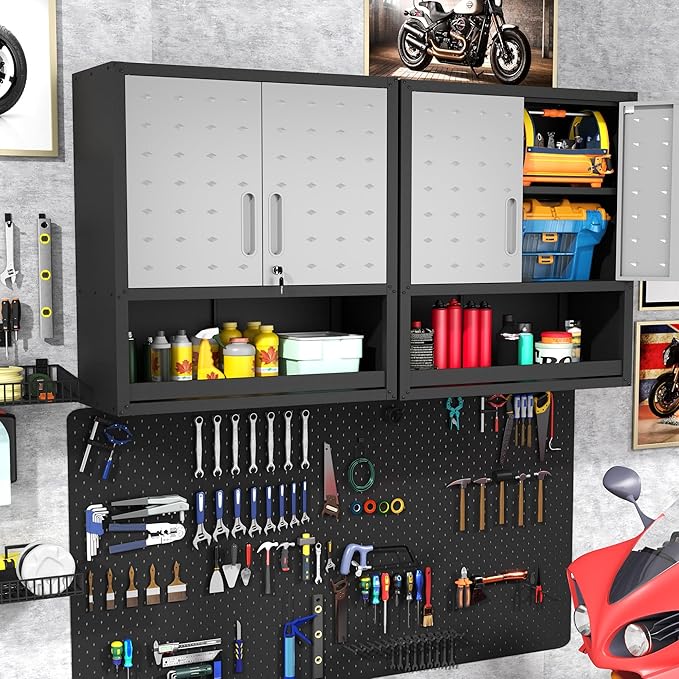 Metal Wall Cabinets with Doors and Shelves Black and Gray Garage Cabinets Wall - Image 2