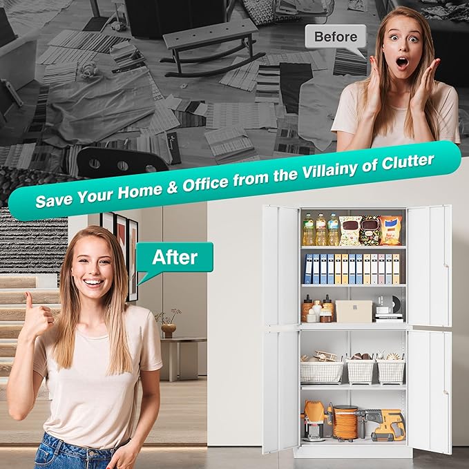 Metal Storage Cabinet with 3 Adjustable Shelves, Tall Steel Pantry Cabinets 4 - Image 9