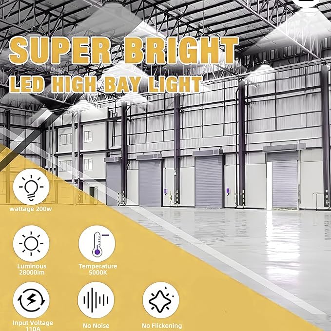 SOUTHLEVY 6 Pack UFO 200W LED High Bay Light, 5 ft Cable - Image 2