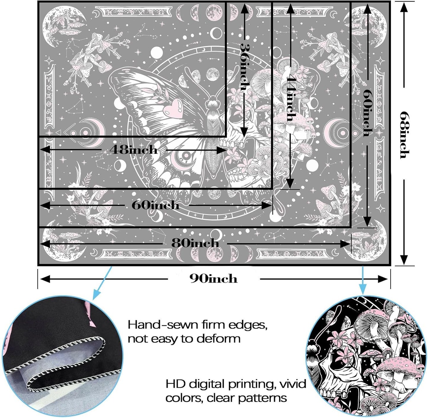Fungarth Skeleton Butterfly Tapestry Pink Skull Hippie Mushroom Plants Tapestry for Bedroom Moon phase Aesthetic Tapestries Wall Hanging for Living Room Dorm (Pink, 48” x 36”)
