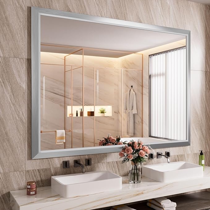 Amorho Bathroom Mirror, 55x40 Inch Silver Thick Metal Framed Wall Mirrors by Amorho