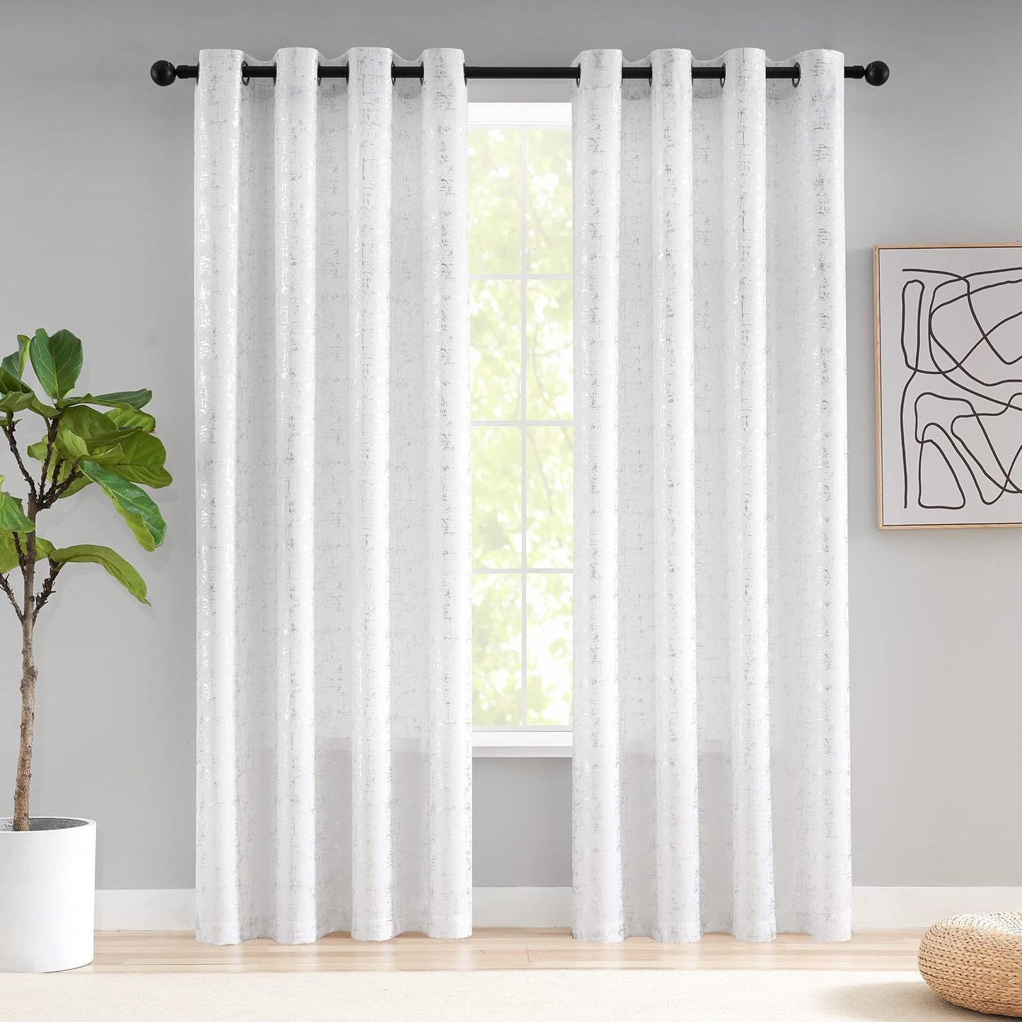 Taisier Home Silver Foil Print Linen Textured Curtains Geometric Dots Pattern Design Curtains for Nursery Toy Room Thermal Insulated Window Treatment 2 Panels 63" L,White and Silver Drapes Print