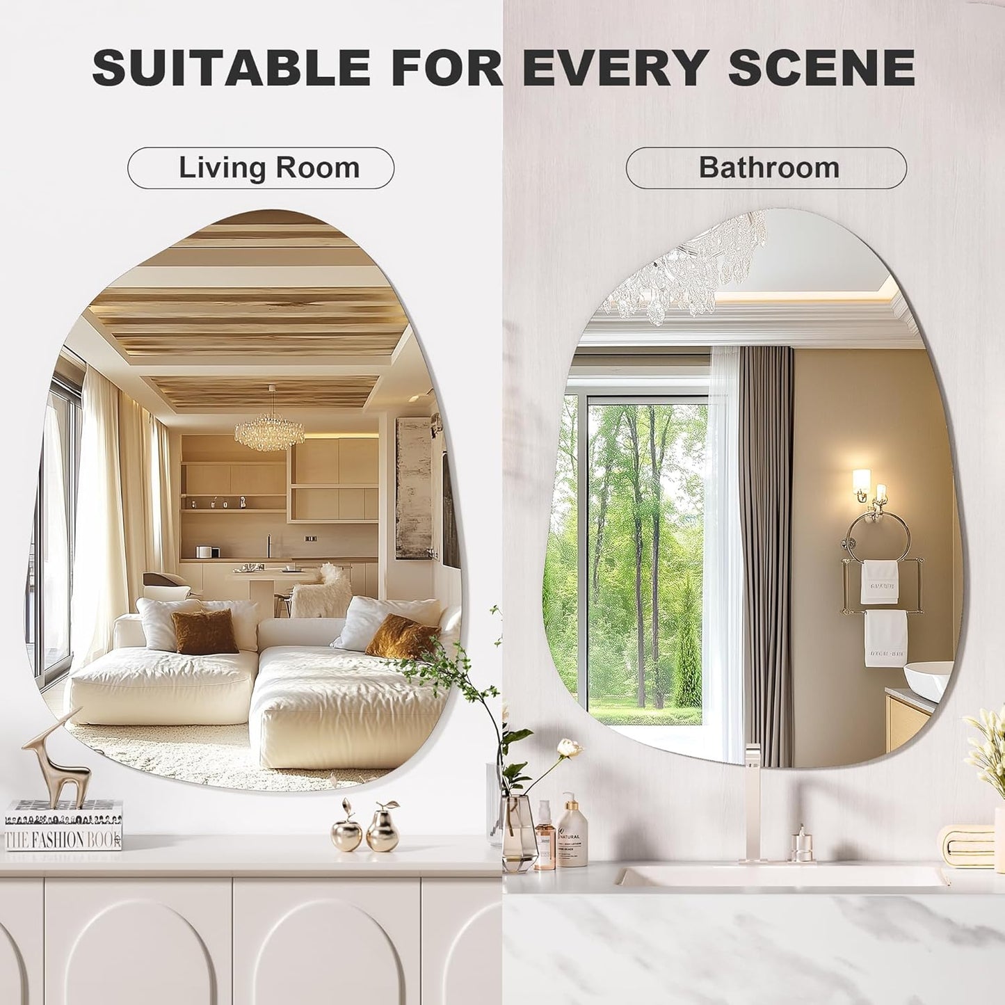 Hasipu 32"x24" Irregular Wall Mirror Frameless Asymmetrical Mirror for Wall | Frameless Wall Mirror, 4mm Tempered Glass, Horizontal & Vertical, Wall Mount, Bathroom, Bedroom, Modern Home Decor