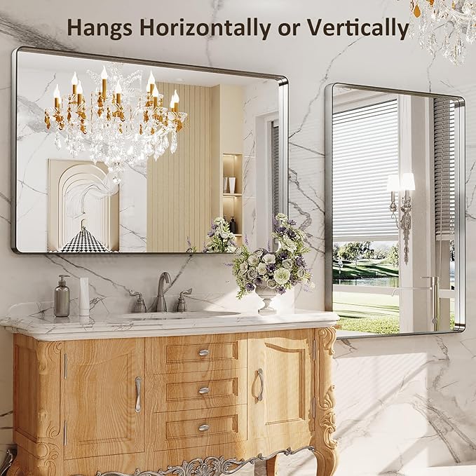 LOAAO 48X30 Inch Brushed Nickel Bathroom Mirror, Rounded Rectangle Silver Metal - Image 4
