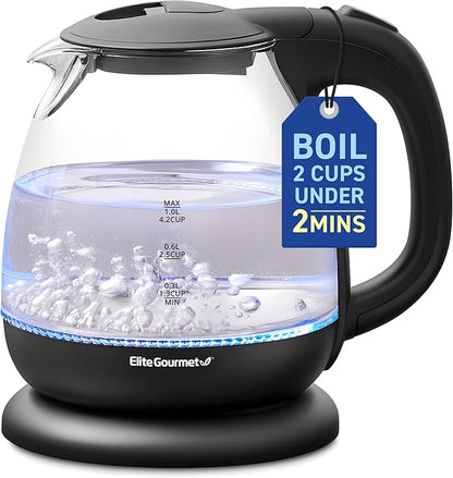 Elite Gourmet EKT1001B Electric 1.0L BPA-Free 1100W Glass Kettle Cordless 360° by EliteGourmet