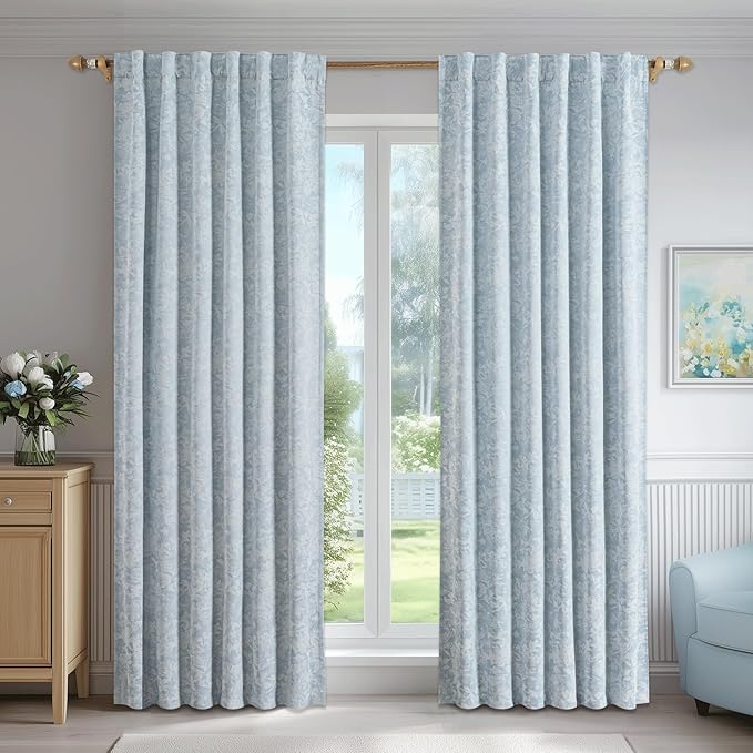 Beauoop Blue Floral Jacquard Blackout Curtains 108 Inches Long 2 Panels - Image 2