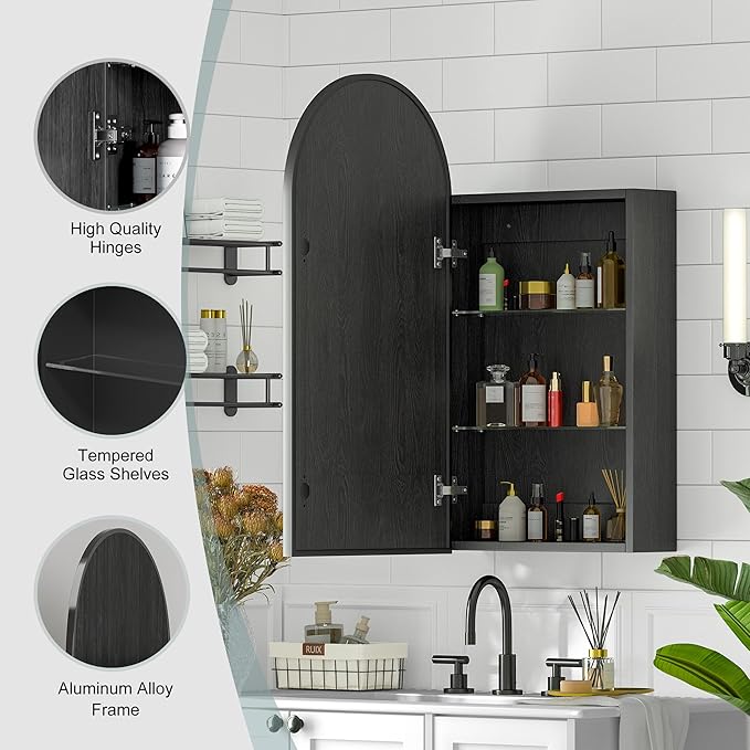 Arched Medicine Cabinet with Mirror, Brushed Black Wall Mounted Bathroom Mirror - Image 6