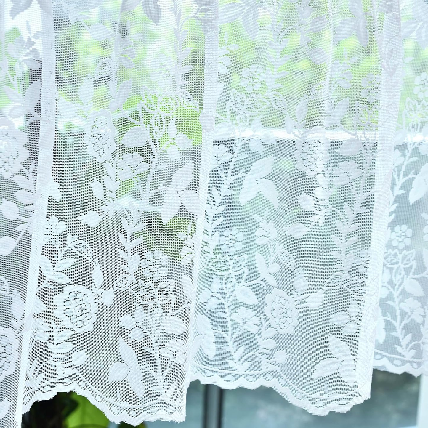 FINECITY White Lace Valance for Kitchen Window W52 x L18 Inch 1 Panel | Rod Pocket, Open Knit Layers, Daylight Eased, Fresh Look Adds Country Charm, Short Valance Keeps Glass Open, Privacy