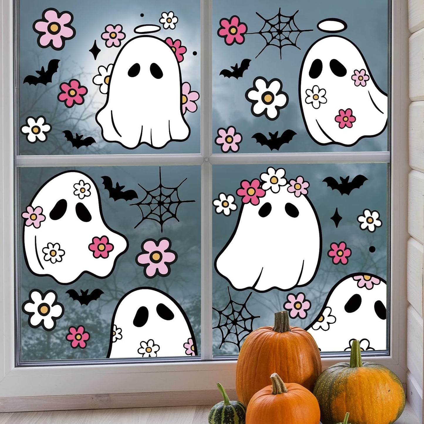 JarThenaAMCS 84Pcs Halloween Window Clings Floral Ghost Window Stickers Cute Double-Side Glass Decals for Home Party Favor Supplies, 7.9 x 11.8 Inch, 9 Sheets