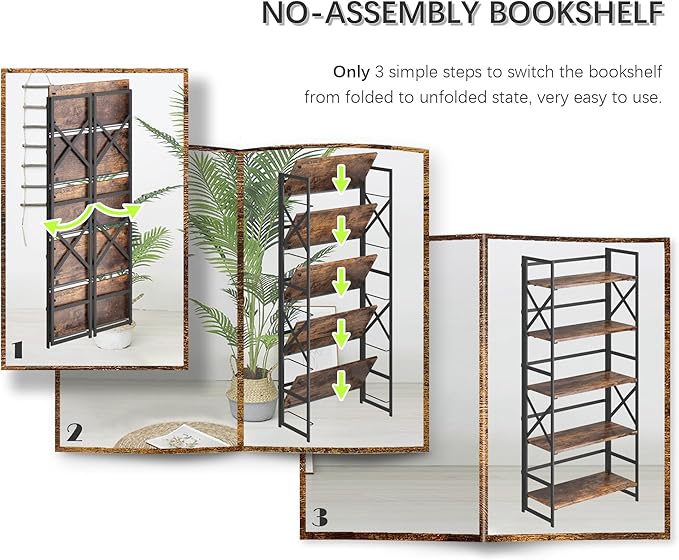 4NM 5 Tiers No Assembly Book Shelves, 51.2" H Folding Bookshelf Bookcase Open - Image 6