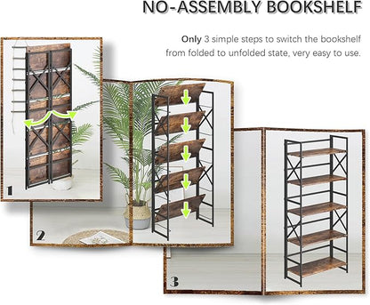 4NM 5 Tiers No Assembly Book Shelves, 51.2" H Folding Bookshelf Bookcase Open - Image 6