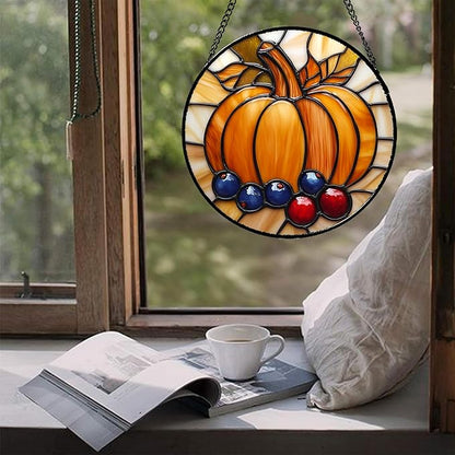 DASTOLL Stained Glass Window Hanging Fall Pumpkin Berries Large 11.8" - Image 5
