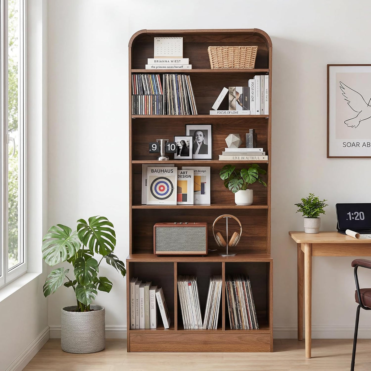 RARZOE 71" Tall Record Player Stand with Vinyl Storage, Walnut