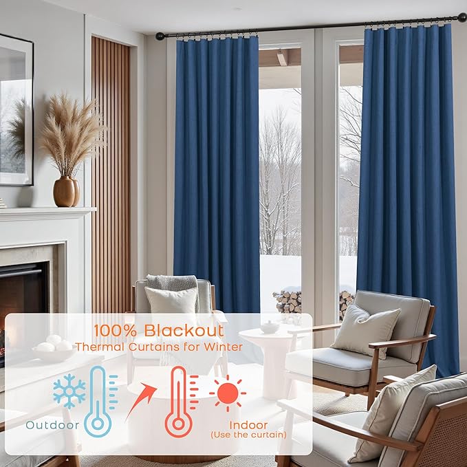 KOUFALL Navy Blue Linen Blackout Curtains 84 Inch Length, Dark Blue Thermal - Image 6