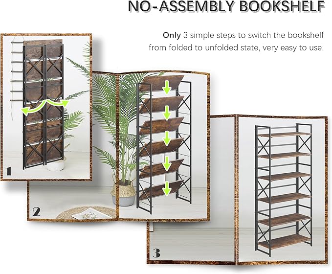 4NM 6 Tiers No Assembly Book Shelves, 61.8" H Folding Bookshelf Bookcase Open - Image 6